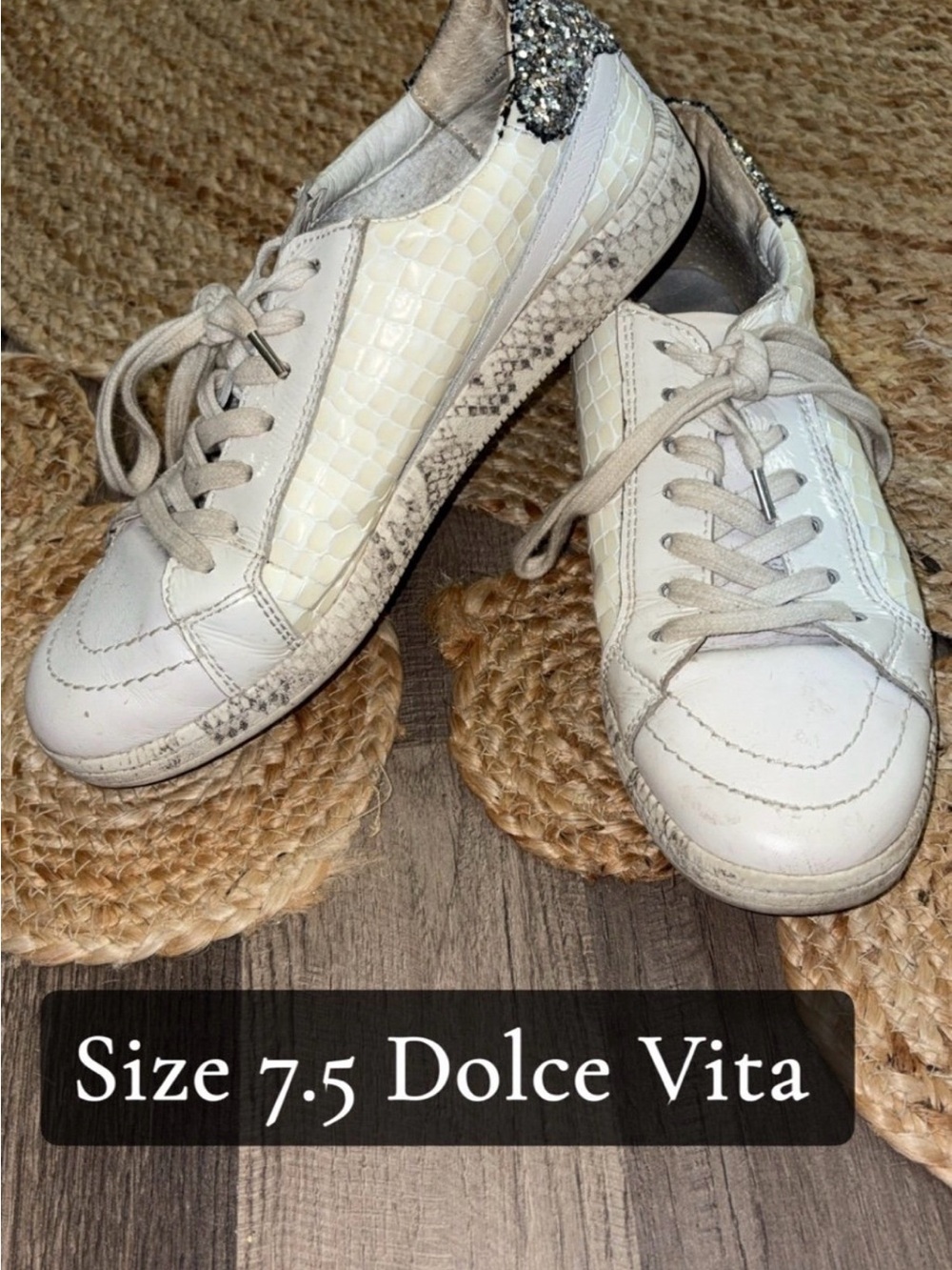 Dolce Vita White Sneakers with Silver Glitter Heel Accents